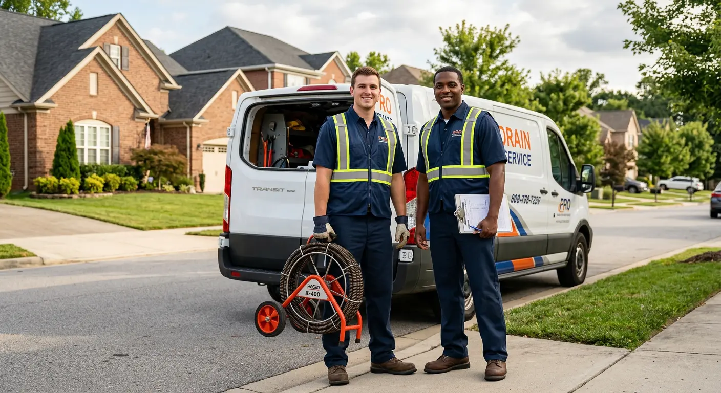 Sewer and drain service team with equipment ready for work in Robinson